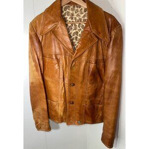 🧥 1970s Tan Genuine Leather Jacket Men’s Size L Retro Cowhide Paisley